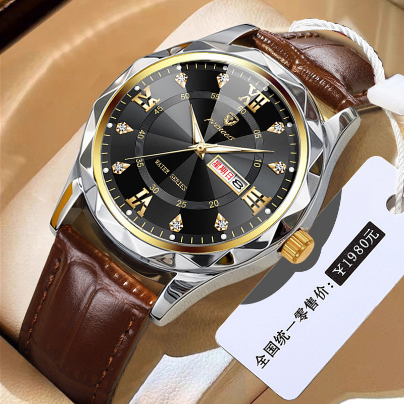 Muški kvarcni sat s dvostrukim kalendarom i luminiscencijom, kožni kaiš, vodootpornost 10 m