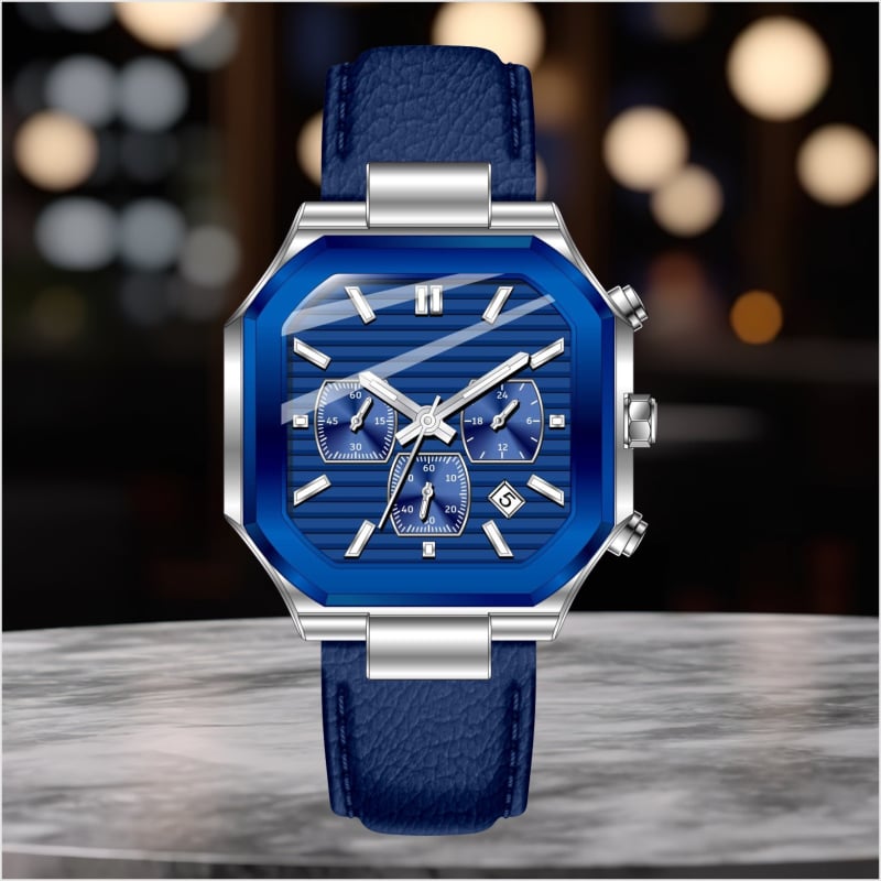 Muški poslovni sat – kvarcni mehanizam, kvadratni brojčanik 42 mm, vodootporan do 30 m, kožna narukvica, kućište od legure