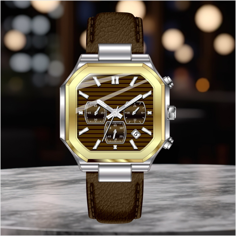 Muški poslovni sat – kvarcni mehanizam, kvadratni brojčanik 42 mm, vodootporan do 30 m, kožna narukvica, kućište od legure