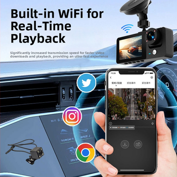 Kolmikaameraline auto dash cam ees-, sises- ja tagumise kaameraga; 1080p, 140° vaatenurk, 2,0-tolline ekraan, 4G ühendus