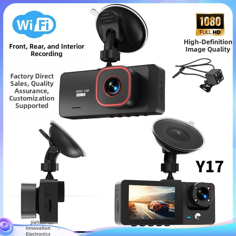 Kolmikaameraline auto dash cam ees-, sises- ja tagumise kaameraga; 1080p, 140° vaatenurk, 2,0-tolline ekraan, 4G ühendus