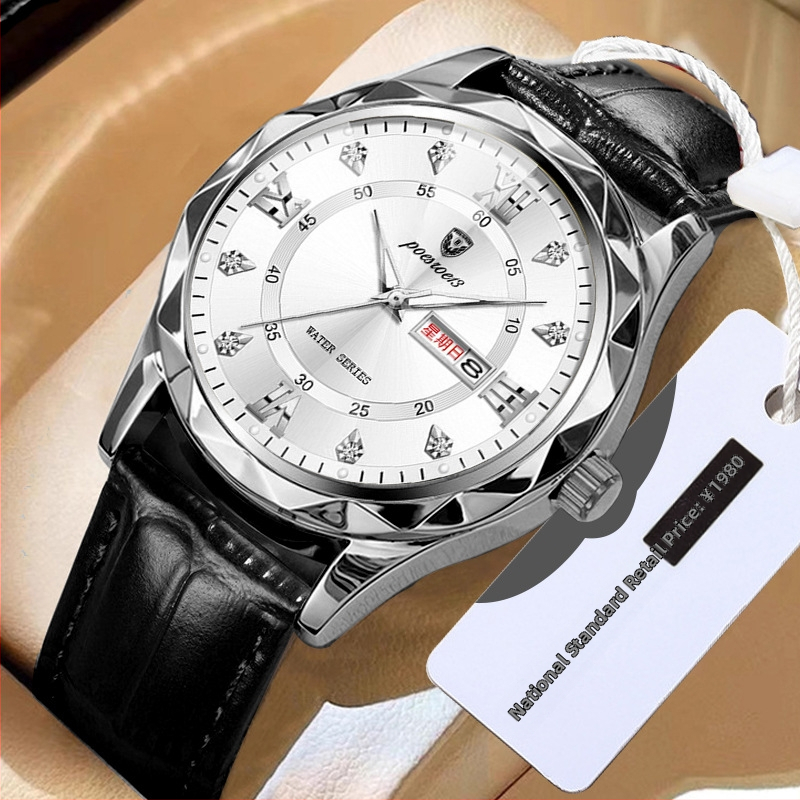 Pánske quartz hodinky s koženým remienkom, luminiscenčné, dvojitý kalendár, vodotesné do 10 m