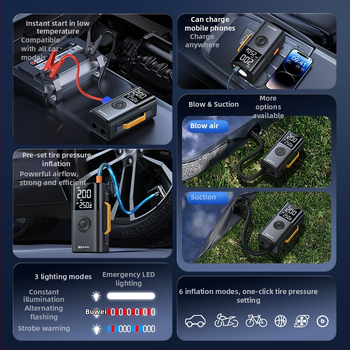 BUWEI nafukovacia vzduchová pumpa – núdzové štartovanie, všetko v jednom, materiál PC/ABS, elektrické zapálenie