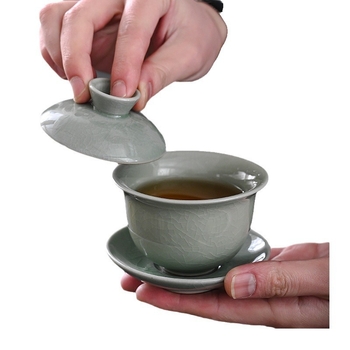 Μπολ τριών τεμαχίων με καπάκι Ru ware, σετ τσαγιού Kung Fu, γλάσο ποπ κορν, κατάλληλο για ταξίδια και χρήση στο αυτοκίνητο, κεραμικό μπολ χειρός Ge ware.