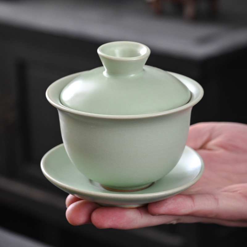 Μπολ τριών τεμαχίων με καπάκι Ru ware, σετ τσαγιού Kung Fu, γλάσο ποπ κορν, κατάλληλο για ταξίδια και χρήση στο αυτοκίνητο, κεραμικό μπολ χειρός Ge ware.