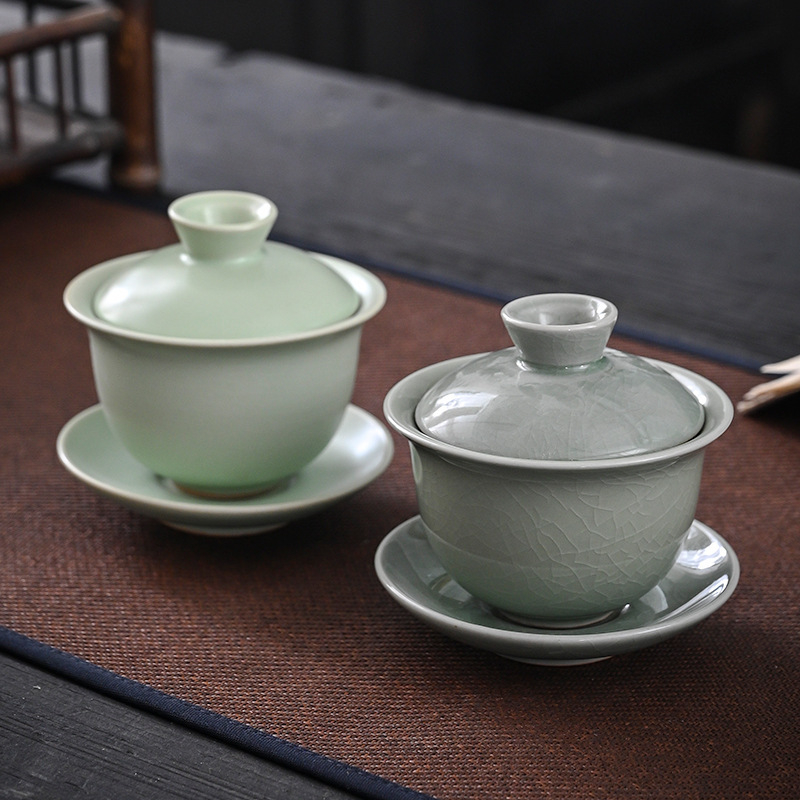 Μπολ τριών τεμαχίων με καπάκι Ru ware, σετ τσαγιού Kung Fu, γλάσο ποπ κορν, κατάλληλο για ταξίδια και χρήση στο αυτοκίνητο, κεραμικό μπολ χειρός Ge ware.