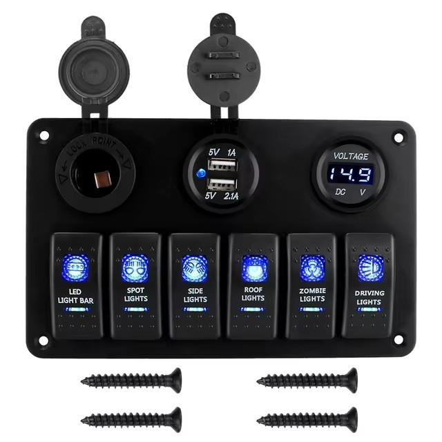 Univerzálny prepínač s dvojitým USB nabíjacím portom a voltmetrom, model 062422, pre úpravy vozidiel