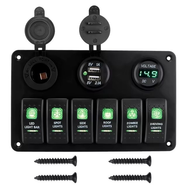 Univerzálny prepínač s dvojitým USB nabíjacím portom a voltmetrom, model 062422, pre úpravy vozidiel