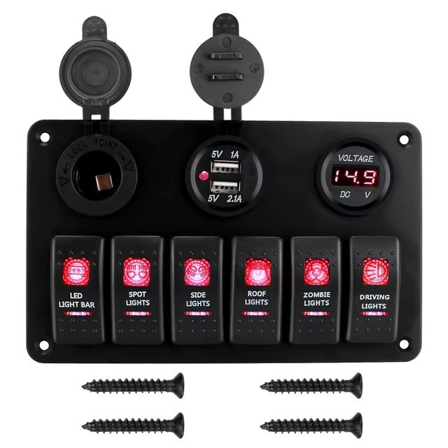 Univerzálny prepínač s dvojitým USB nabíjacím portom a voltmetrom, model 062422, pre úpravy vozidiel