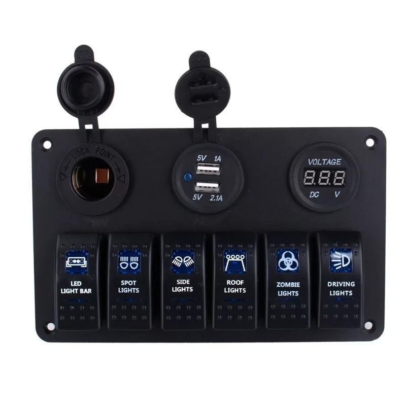 Univerzálny prepínač s dvojitým USB nabíjacím portom a voltmetrom, model 062422, pre úpravy vozidiel