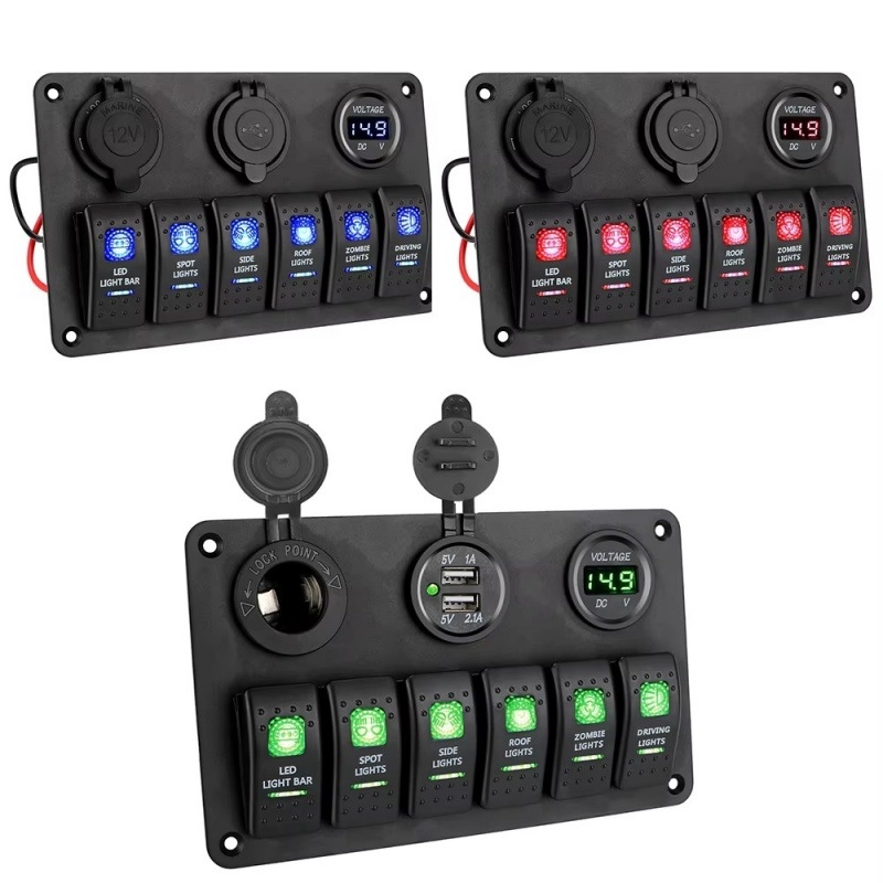 Univerzálny prepínač s dvojitým USB nabíjacím portom a voltmetrom, model 062422, pre úpravy vozidiel