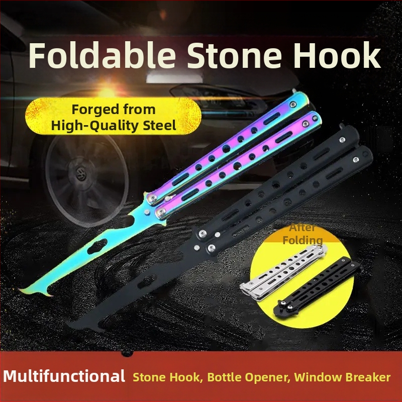 Nerūsējošā tērauda auto riepu akmeņu noņemšanas āķis — saliekams instruments ar akmeņu tīrīšanas āķi un loga laušanas āmuru — Zīmols Friendly, Modeļa kods Qingsz