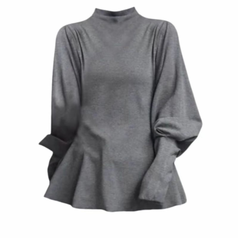 Plus-size ženski T‑shirt s naglašenim strukom, polu-visokim ovratnikom, slim fit, rukavi lampion, za proljeće