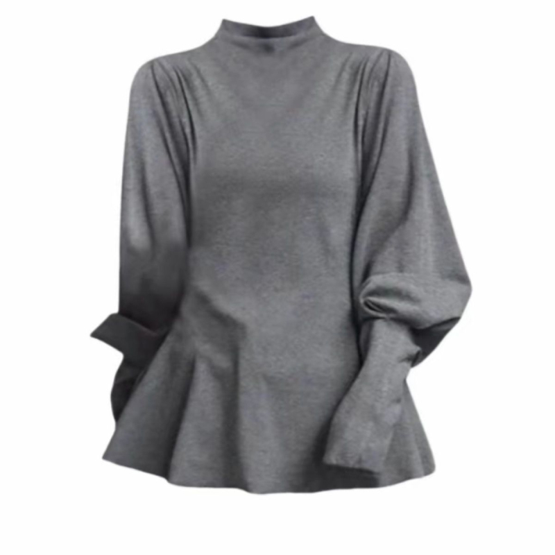Plus-size ženski T‑shirt s naglašenim strukom, polu-visokim ovratnikom, slim fit, rukavi lampion, za proljeće
