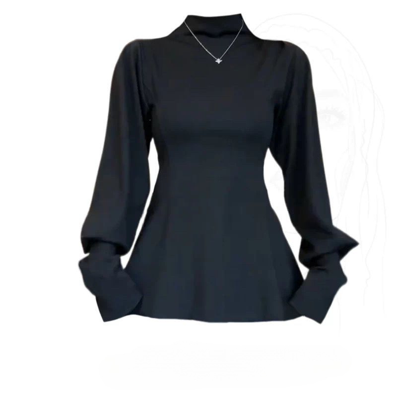 Plus-size ženski T‑shirt s naglašenim strukom, polu-visokim ovratnikom, slim fit, rukavi lampion, za proljeće