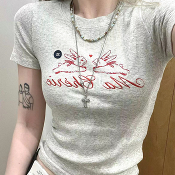 Pamuk T-shirt s printom, okrugli izrez, kratki rukavi, Slim-fit, street hipster stil, normalna duljina, ljeto 2025