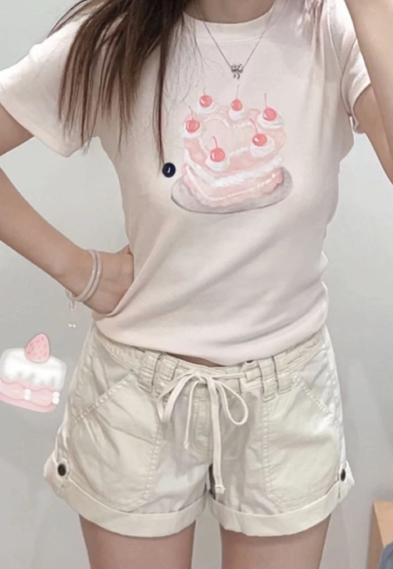 Pamuk T-shirt s printom, okrugli izrez, kratki rukavi, Slim-fit, street hipster stil, normalna duljina, ljeto 2025