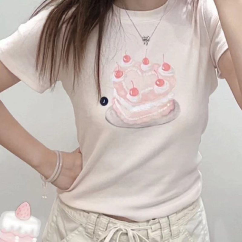 Pamuk T-shirt s printom, okrugli izrez, kratki rukavi, Slim-fit, street hipster stil, normalna duljina, ljeto 2025