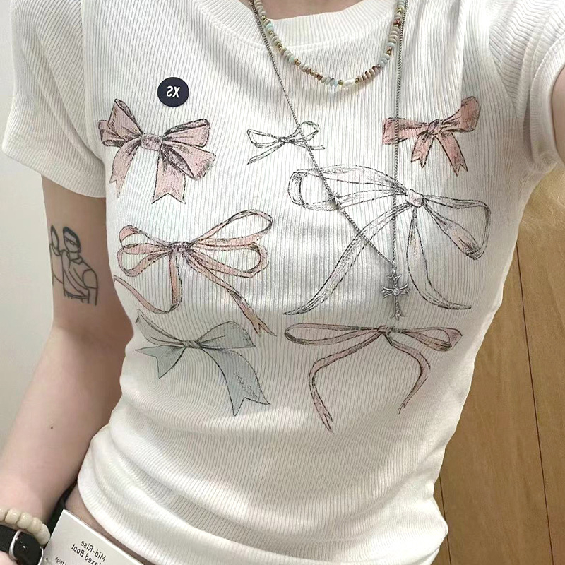 Pamuk T-shirt s printom, okrugli izrez, kratki rukavi, Slim-fit, street hipster stil, normalna duljina, ljeto 2025