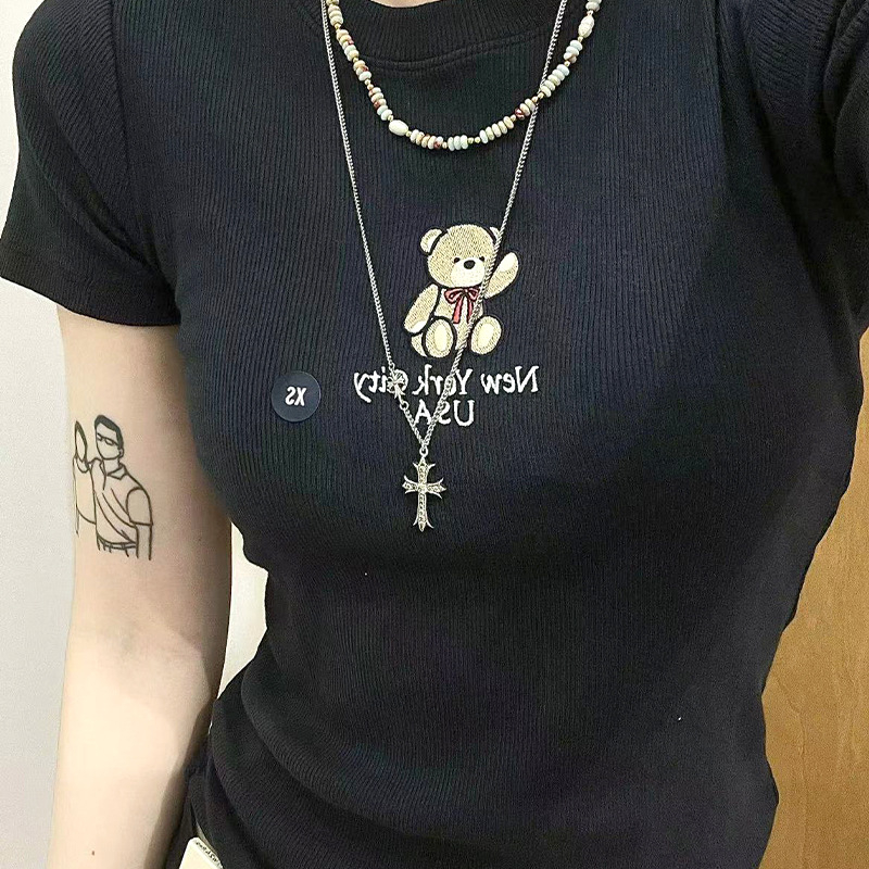 Pamuk T-shirt s printom, okrugli izrez, kratki rukavi, Slim-fit, street hipster stil, normalna duljina, ljeto 2025