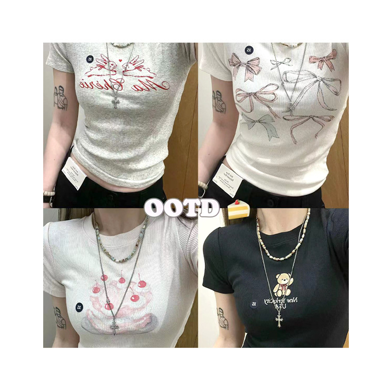 Pamuk T-shirt s printom, okrugli izrez, kratki rukavi, Slim-fit, street hipster stil, normalna duljina, ljeto 2025