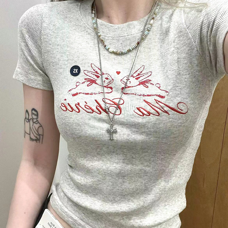 Pamuk T-shirt s printom, okrugli izrez, kratki rukavi, Slim-fit, street hipster stil, normalna duljina, ljeto 2025