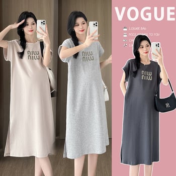 Haljina tip T-shirt s otisnim slovima, pamuk 80-90% + elastan <30%, A-linijska duga haljina, kratki rukavi, streetwear stil