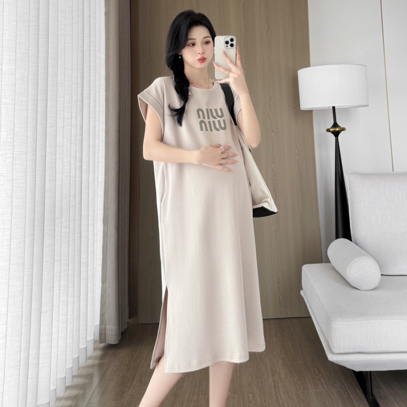 Haljina tip T-shirt s otisnim slovima, pamuk 80-90% + elastan <30%, A-linijska duga haljina, kratki rukavi, streetwear stil