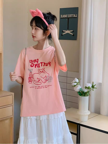 Ženski pamukasti T-shirt s printom karikaturnih slova, udoban slobodan kroj, kratki rukavi, okrugli izrez