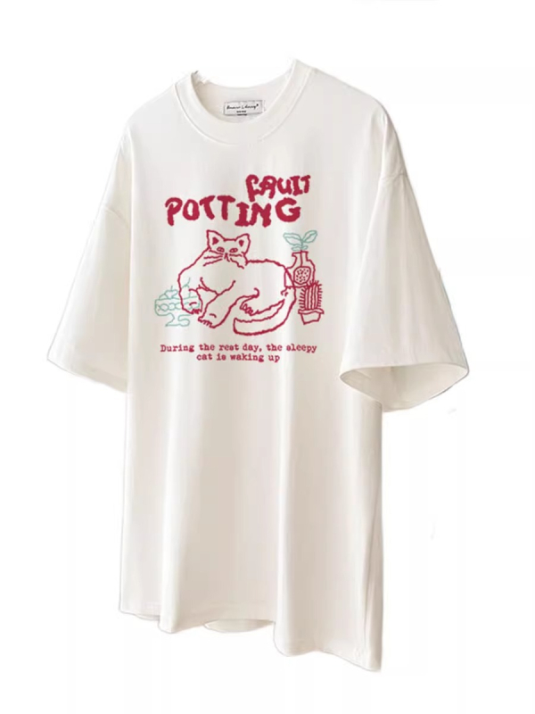 Ženski pamukasti T-shirt s printom karikaturnih slova, udoban slobodan kroj, kratki rukavi, okrugli izrez
