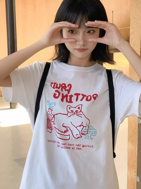 Ženski pamukasti T-shirt s printom karikaturnih slova, udoban slobodan kroj, kratki rukavi, okrugli izrez