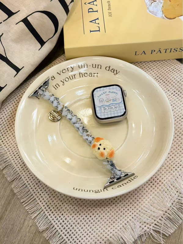 Pleteni plišani narukvica s glavom šteneta za Apple Watch – kompatibilno 22–28 mm, duljina 14–17 cm