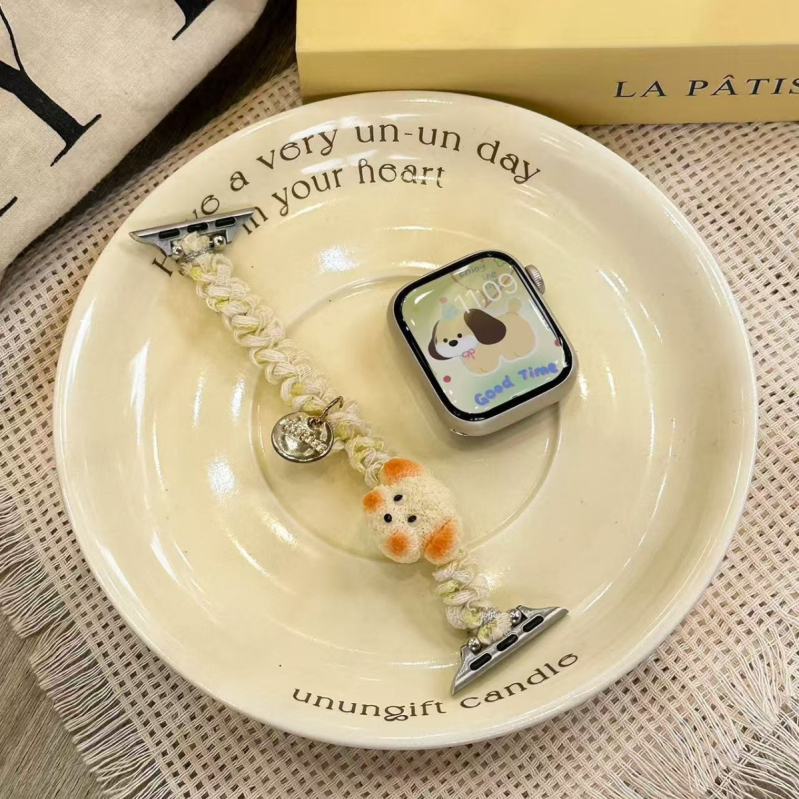 Pleteni plišani narukvica s glavom šteneta za Apple Watch – kompatibilno 22–28 mm, duljina 14–17 cm