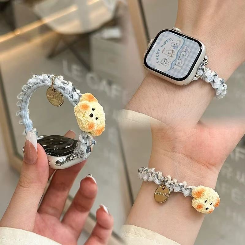 Pleteni plišani narukvica s glavom šteneta za Apple Watch – kompatibilno 22–28 mm, duljina 14–17 cm