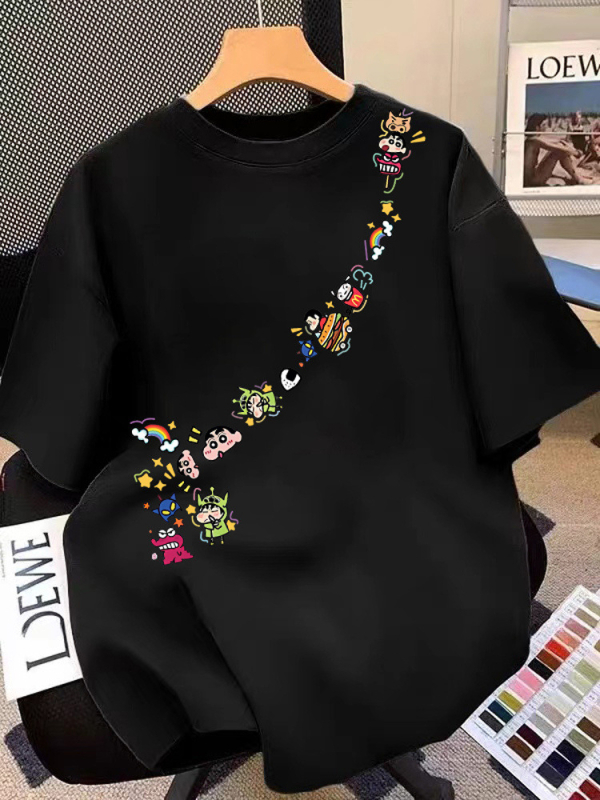 Ženski pamučni T-shirt s printom Crayon Shin-Chan, plus veličina, široki kroj, kratki rukavi, okrugli izrez, ljeto 2025