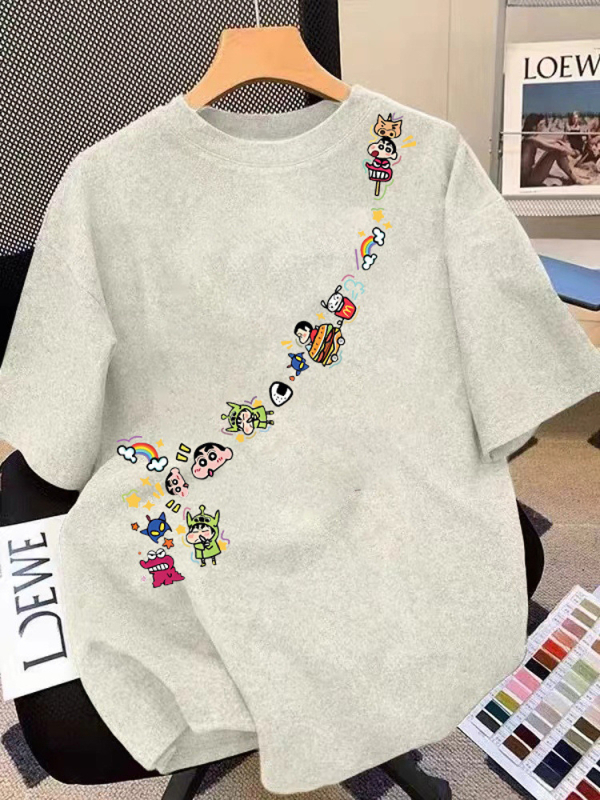 Ženski pamučni T-shirt s printom Crayon Shin-Chan, plus veličina, široki kroj, kratki rukavi, okrugli izrez, ljeto 2025