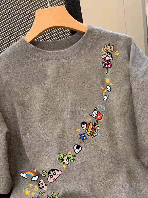 Ženski pamučni T-shirt s printom Crayon Shin-Chan, plus veličina, široki kroj, kratki rukavi, okrugli izrez, ljeto 2025