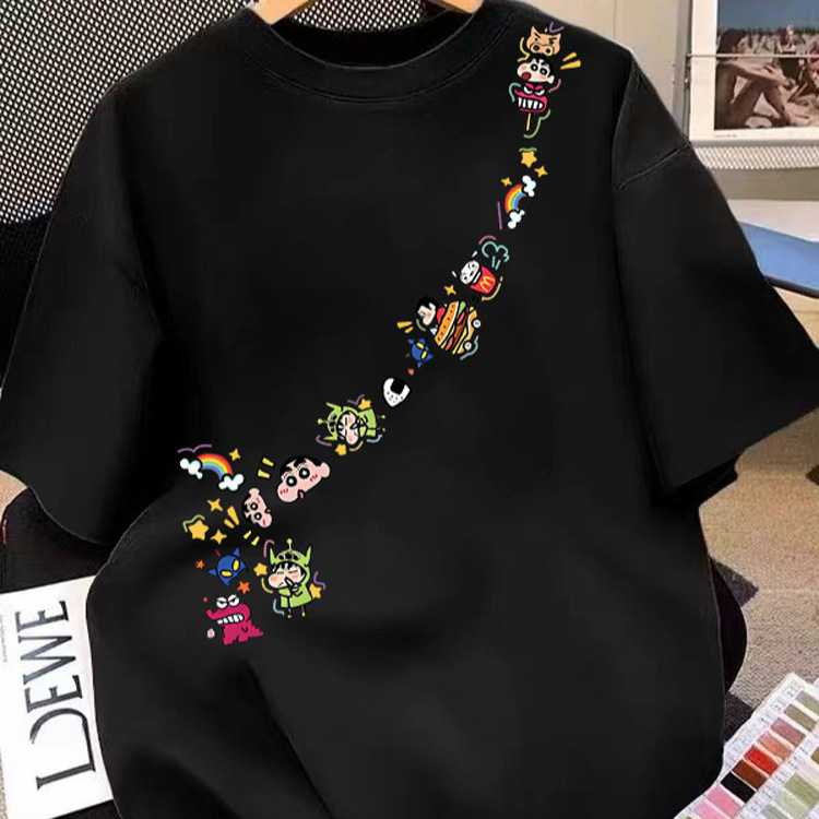Ženski pamučni T-shirt s printom Crayon Shin-Chan, plus veličina, široki kroj, kratki rukavi, okrugli izrez, ljeto 2025