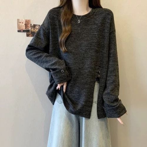 Tričko s dlhými rukávmi s nepravidelným rozparkom, guľatý výstrih, chenille látka, obsah elastanu <30%, 3/4 rukávy