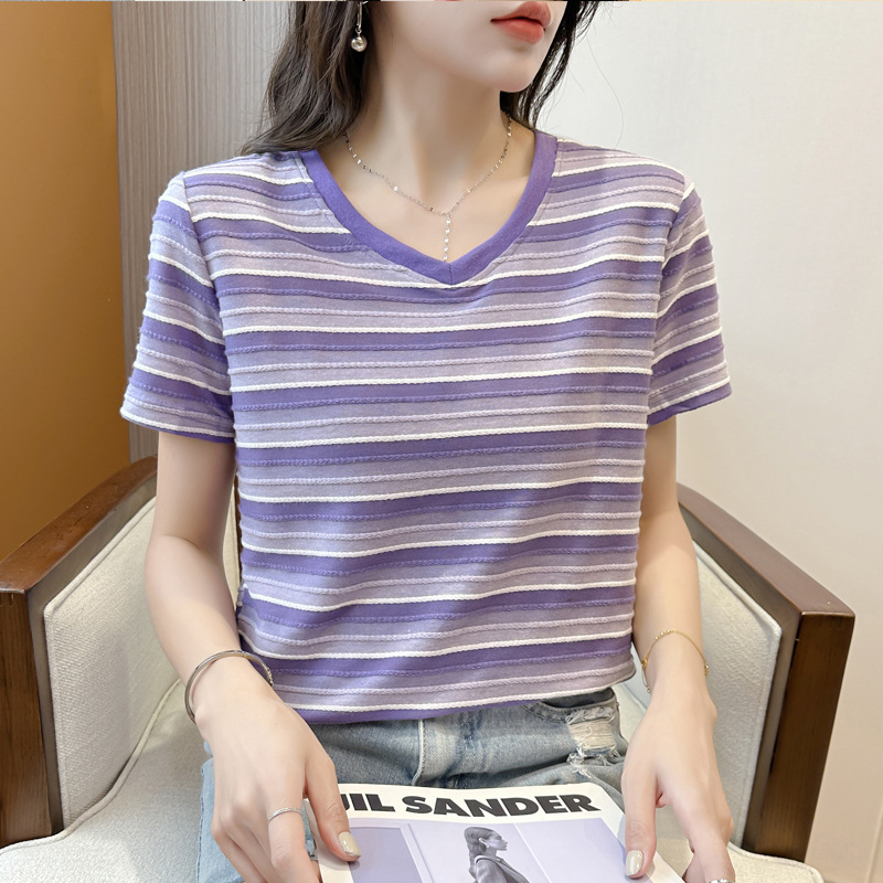 Prugasta majica s okruglim izrezom, kratki rukav, jacquard tkanina, pamuk-elastan smjesa (50–70% pamuka)