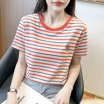 Ženski bavlteni T-shirt s kratkim rukavima, okrugli izrez, regular kroj, šarena prugasta/karirana, pamuk 95%+, elastan do 30%, ljeto 2023, japansko-korejski casual