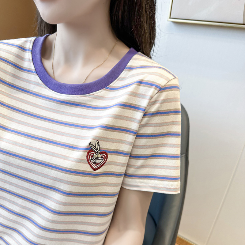 Ženski bavlteni T-shirt s kratkim rukavima, okrugli izrez, regular kroj, šarena prugasta/karirana, pamuk 95%+, elastan do 30%, ljeto 2023, japansko-korejski casual
