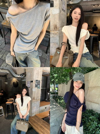 Футболка с асиметричен дизайн на раменете, наклонена яка, къс ръкав, Slim fit, полиестер 95%+