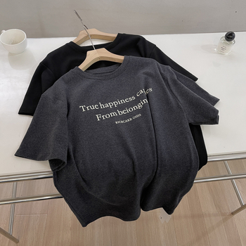 Ženski T-Shirt s printom slova, kratka rukava, okrugli izrez, širok kroj, pamuk-elastan
