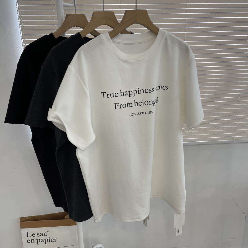 Ženski T-Shirt s printom slova, kratka rukava, okrugli izrez, širok kroj, pamuk-elastan