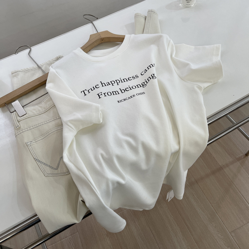 Ženski T-Shirt s printom slova, kratka rukava, okrugli izrez, širok kroj, pamuk-elastan