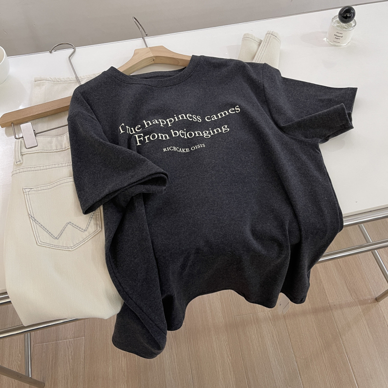 Ženski T-Shirt s printom slova, kratka rukava, okrugli izrez, širok kroj, pamuk-elastan