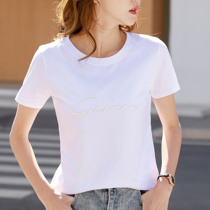 Ženski pamukasti T-shirt s okruglim izrezom, kratkim rukavima, izvezenim slovima, geometrijski uzorak, gradski ležerni stil