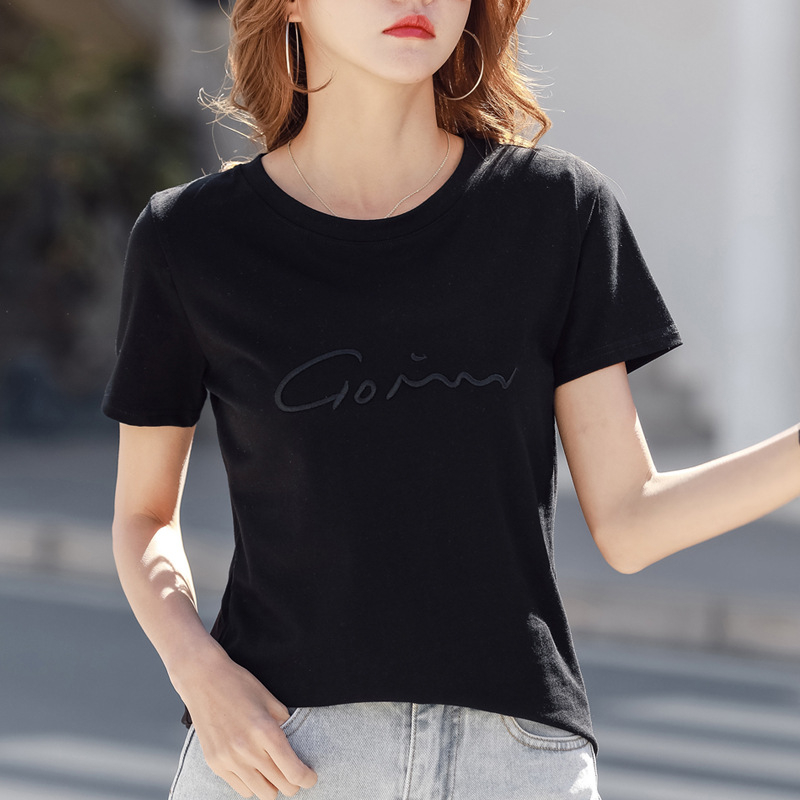 Ženski pamukasti T-shirt s okruglim izrezom, kratkim rukavima, izvezenim slovima, geometrijski uzorak, gradski ležerni stil