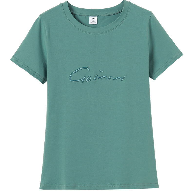 Ženski pamukasti T-shirt s okruglim izrezom, kratkim rukavima, izvezenim slovima, geometrijski uzorak, gradski ležerni stil